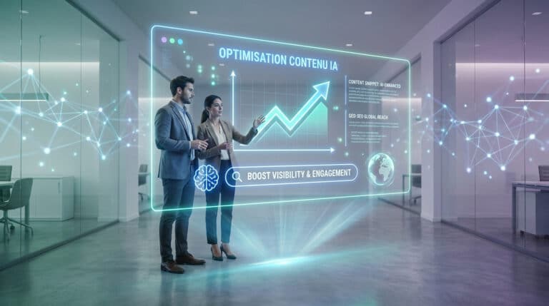 Un homme et une femme analysent un écran holographique affichant des données de croissance et d'optimisation SEO par IA.
