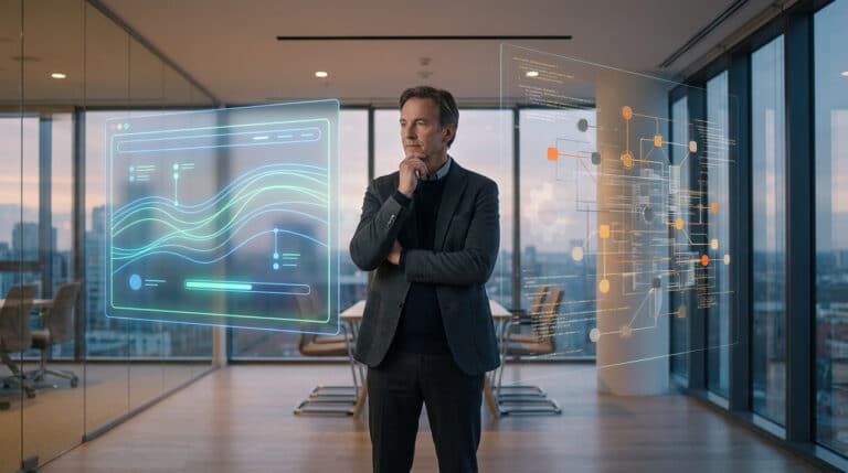 Un homme d'affaires réfléchi observant des interfaces numériques holographiques dans un bureau moderne.