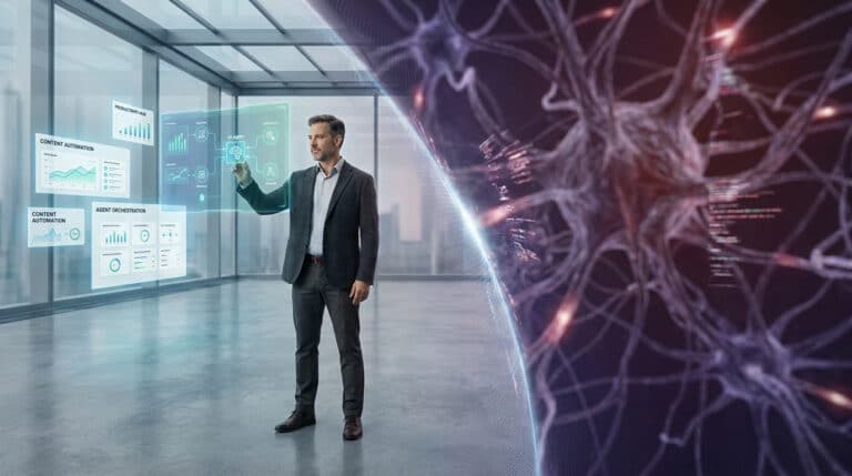Un homme en costume manipulant une interface holographique de données IA face à un réseau neuronal numérique complexe.