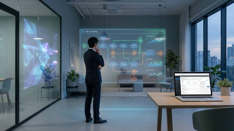 Un homme d'affaires en costume observe un schéma holographique complexe de parcours utilisateur dans un bureau moderne.