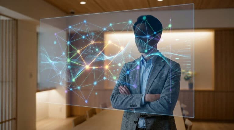 Un homme d'affaires devant une interface holographique représentant un réseau de données connectées.