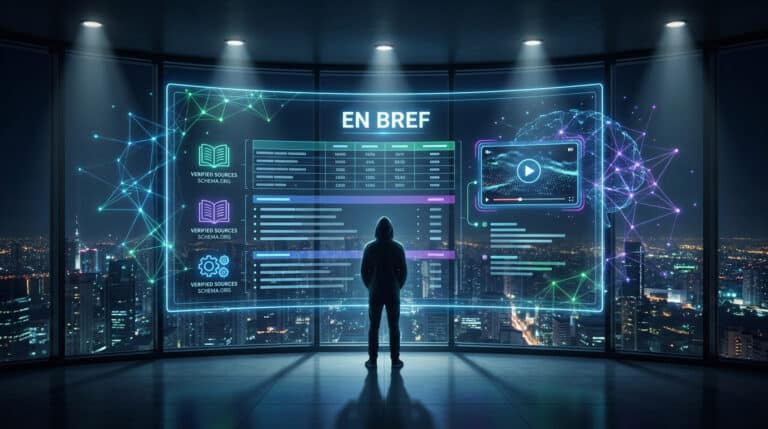 Personne devant un écran holographique affichant des données SEO et une IA pour Google AI Overview.