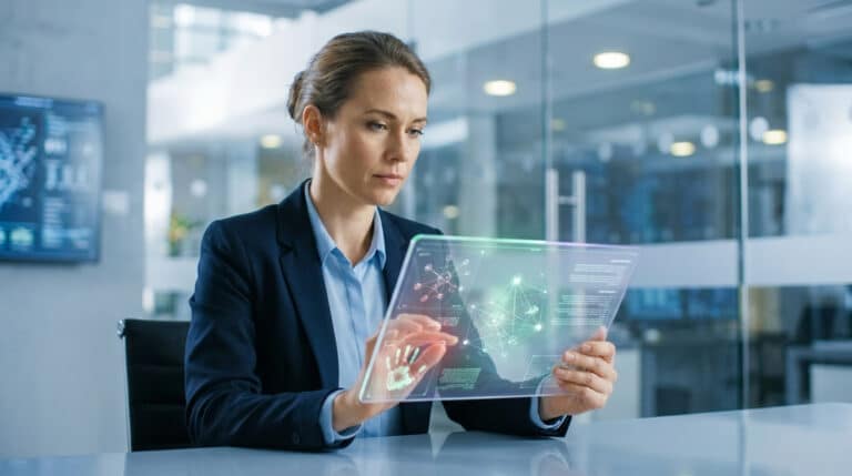 Une femme d'affaires utilise une interface holographique futuriste montrant des réseaux de données et une empreinte digitale.