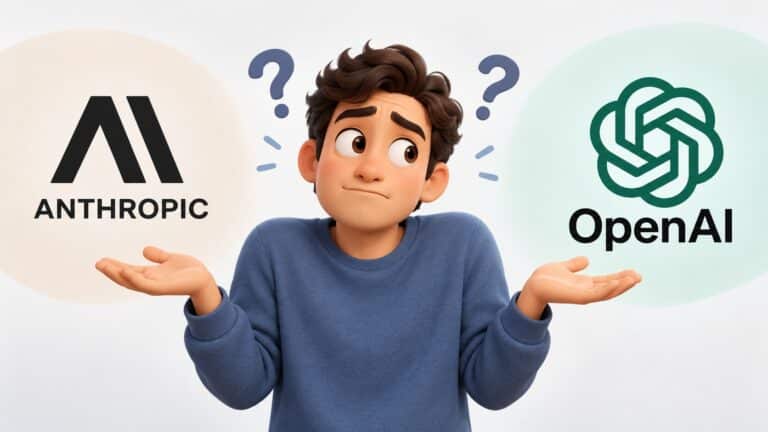 Personnage illustré qui hausse les épaules, perplexe, entre les logos Anthropic et OpenAI