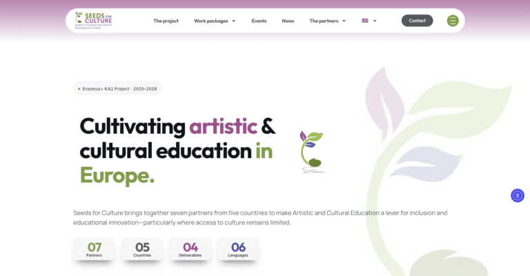 Page d'accueil du site SEEDS for Culture, projet Erasmus+ en six langues